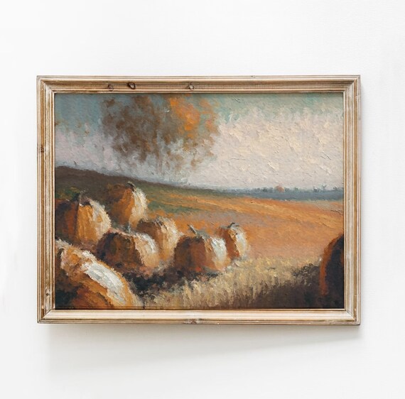 Rustic Pumpkin Patch Painting Moody Autumn Landscape Art