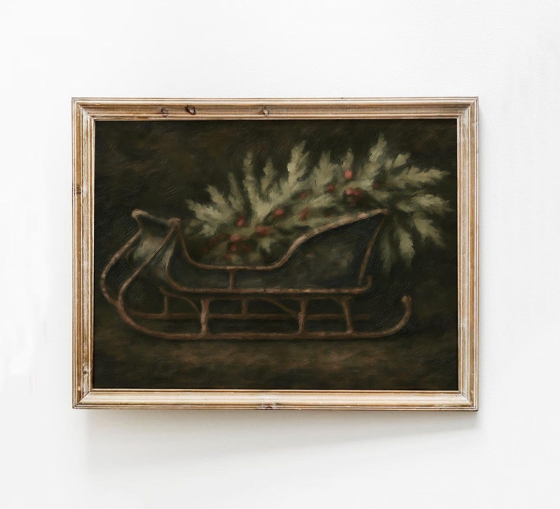 Moody Vintage Sleigh With Christmas Greenery Dark Art Poster