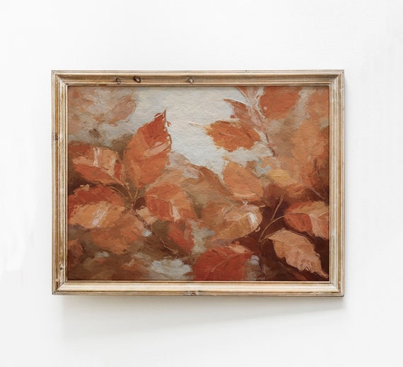 Muted Orange Leaves Painting Rustic Autumn Art Moody Vintage Print Fall Wall Decor Leaf Foliage Instant