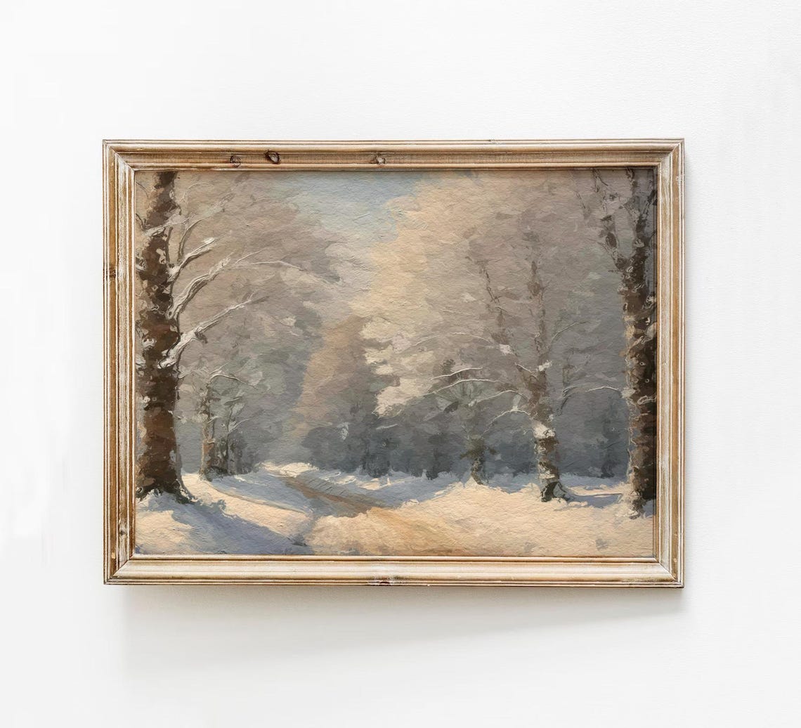 Misty Winter Morning Snow Forest Road Vintage Painting Print