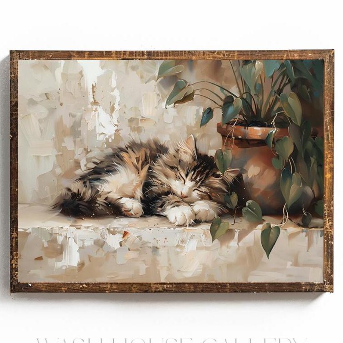 Fluffy Kitten Sleeping Upright Beside a Leafy Potted Plant Poster