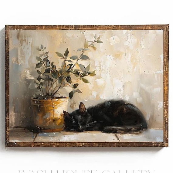Black Cat Napping Next to a Golden Potted Plant Still Life Poster