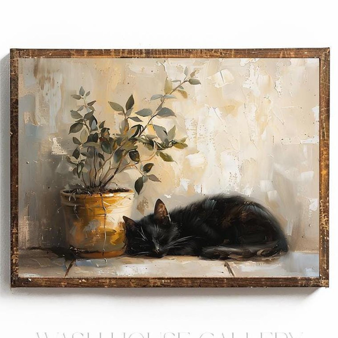 Black Cat Napping Next to a Golden Potted Plant Still Life Poster