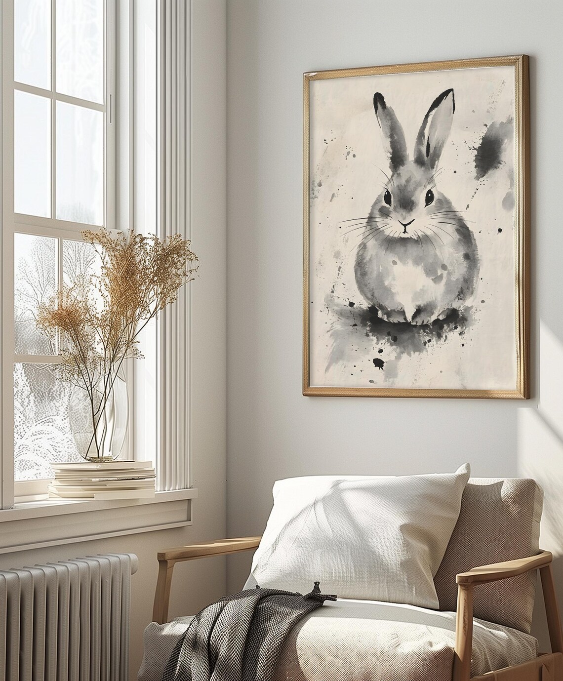 Cute Watercolor Rabbit, Black And White Minimalist Art Print - Image 3