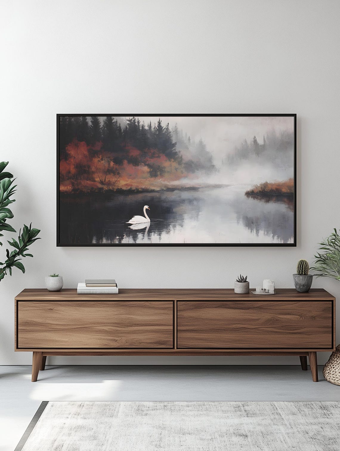 Swan Lake Frame Tv Art Moody Mountain Lake With Swan Tv Art Nostalgic Frame Tv Painting Frame Tv Swan Painting Tv Swan Lake Art - Image 2