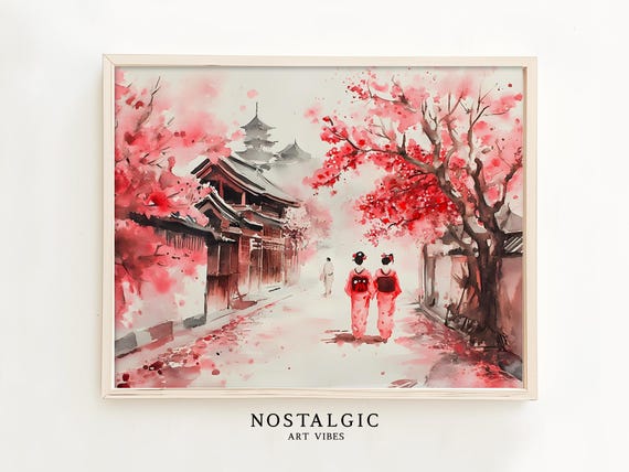 Japanese Watercolor Geisha Cherry Blossom Street Scene
