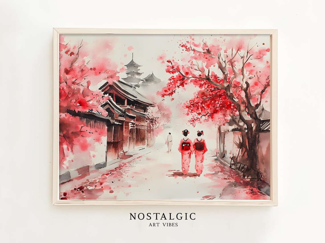 Japanese Watercolor Geisha Cherry Blossom Street Scene