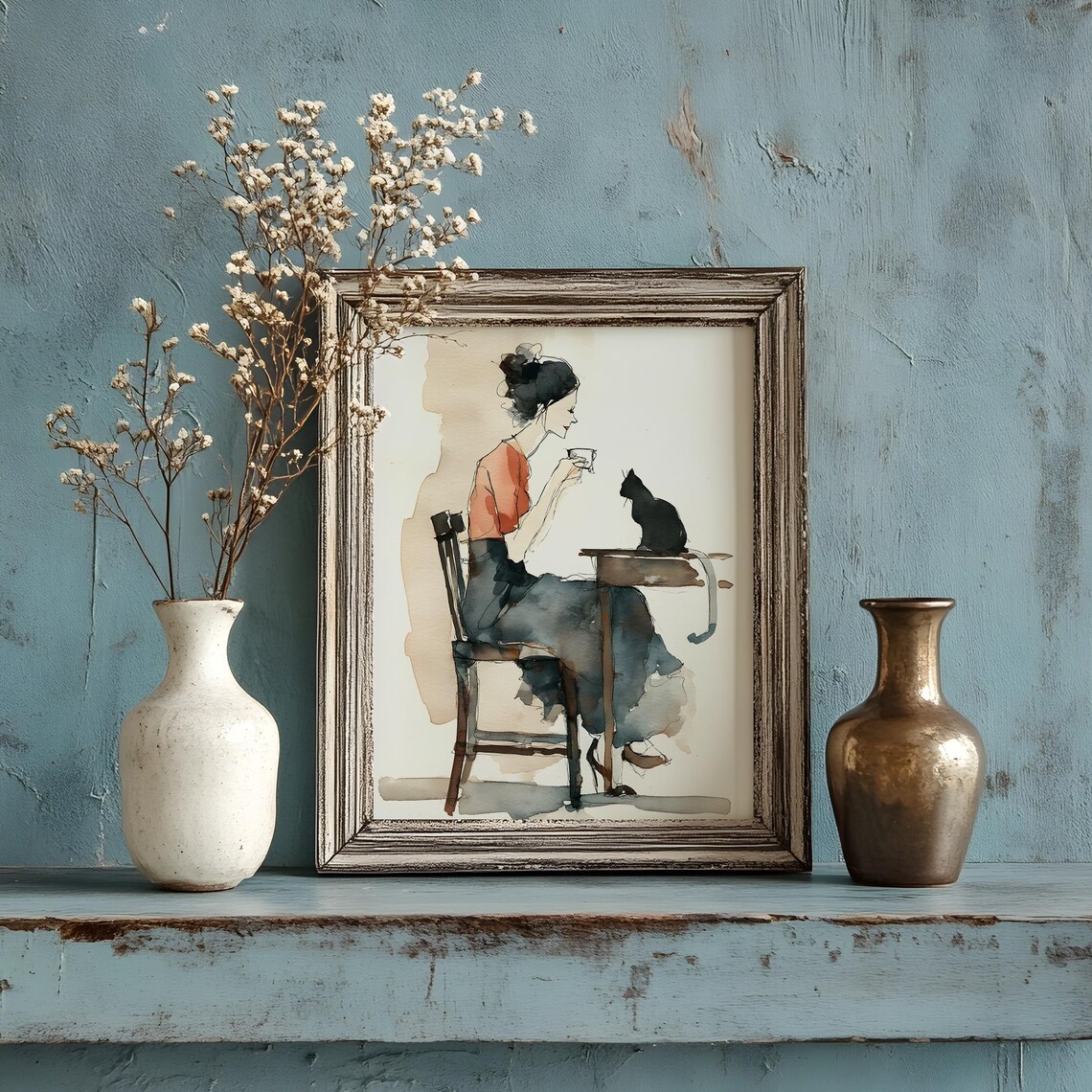 Stylish Woman Drinking Coffee With Black Cat Watercolor Art Poster - Image 3