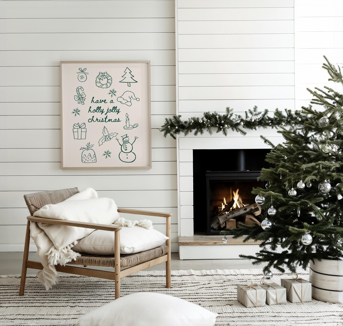 Holly Jolly Print Santa Decor Christmas Art Vintage Holiday Decor Merry Christmas Print Retro Festive Poster Christmas Quote Art Snowman - Image 2