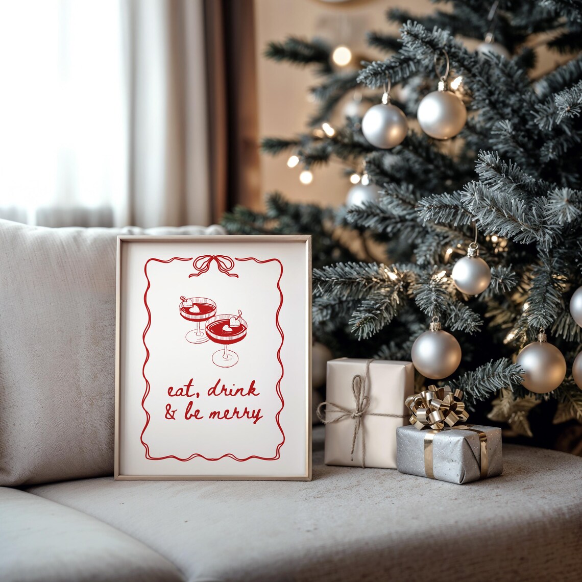 Eat Drink and Be Merry Red Christmas Cocktail Bar Cart Holiday Poster - Image 2