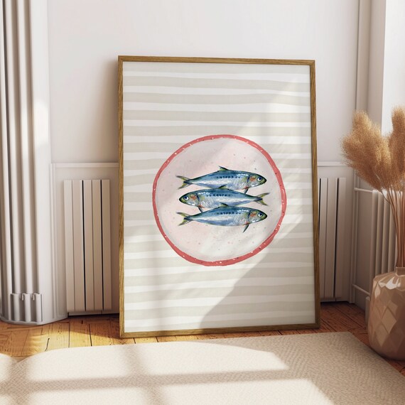 Fish Print Vintage Food Wall Art Seafood Poster Kitchen Wall Art Sardines Art Retro Decor Dinning Room Gallery Instant