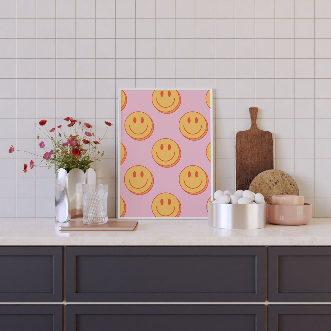 Yellow Smiley Faces Pattern on Pink Retro Dorm Room Aesthetic Poster - Image 3