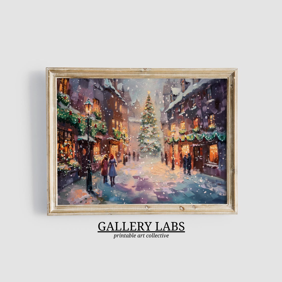Old Town Snowy Street Christmas Tree Garland Shops Winter Night Poster