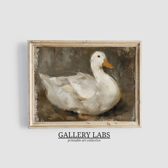 White Duck Oil Painting Rustic Farmhouse Vintage Bird Art Print
