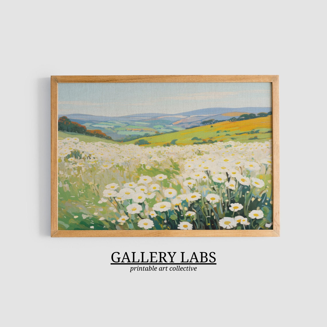 White Daisy Field Rolling Hills Sunny Spring Meadow Art Print - Image 3
