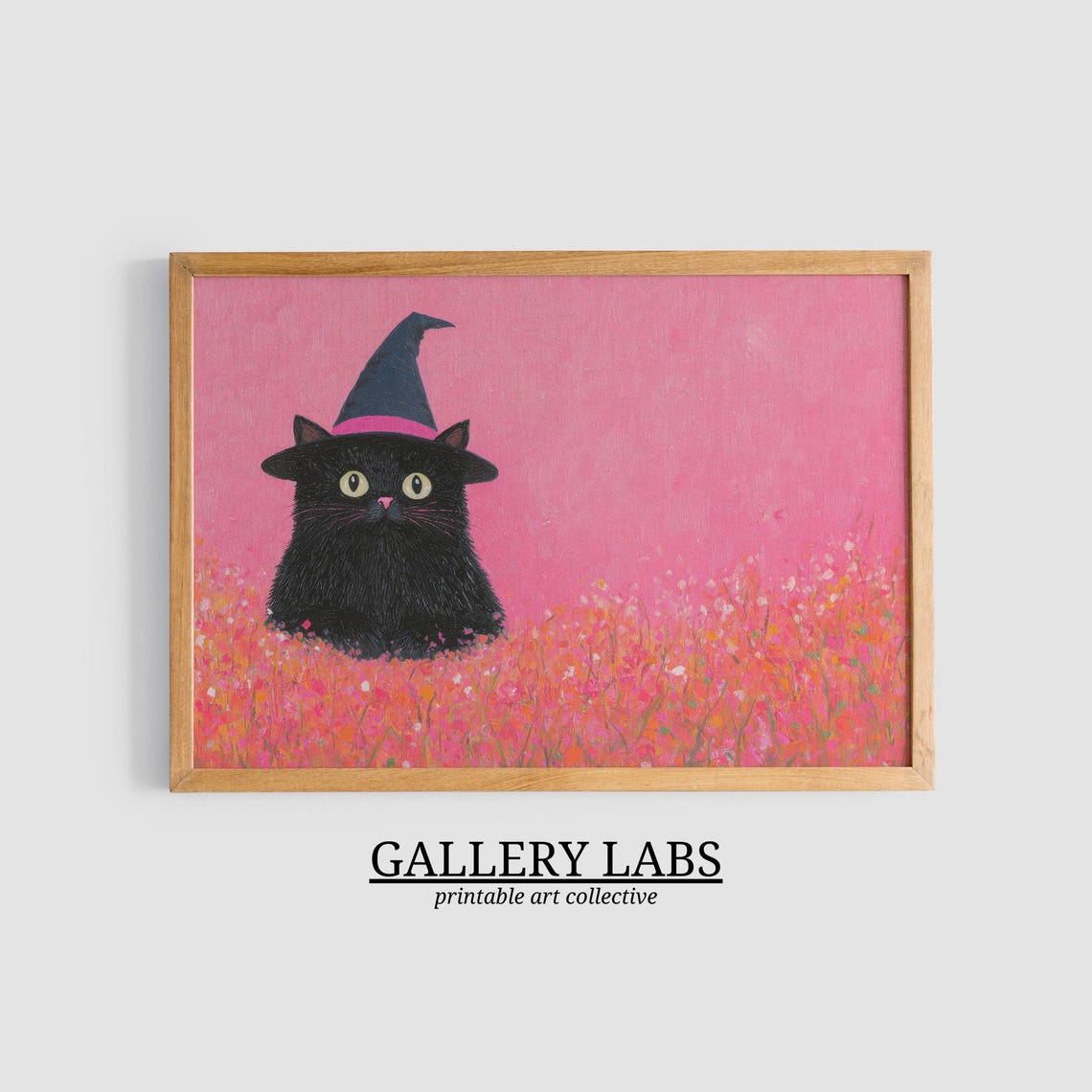 Black Cat Witch Hat Pink Wildflower Meadow Cute Spooky Halloween Print - Image 3