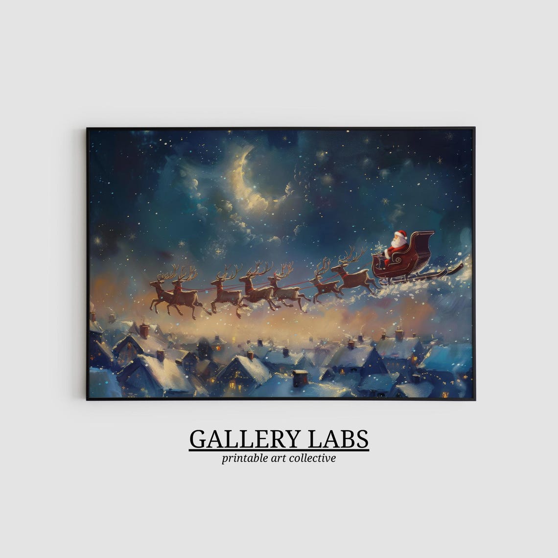 Santa Claus Flying Sleigh Reindeer Over Rooftops Moonlit Night Poster - Image 2
