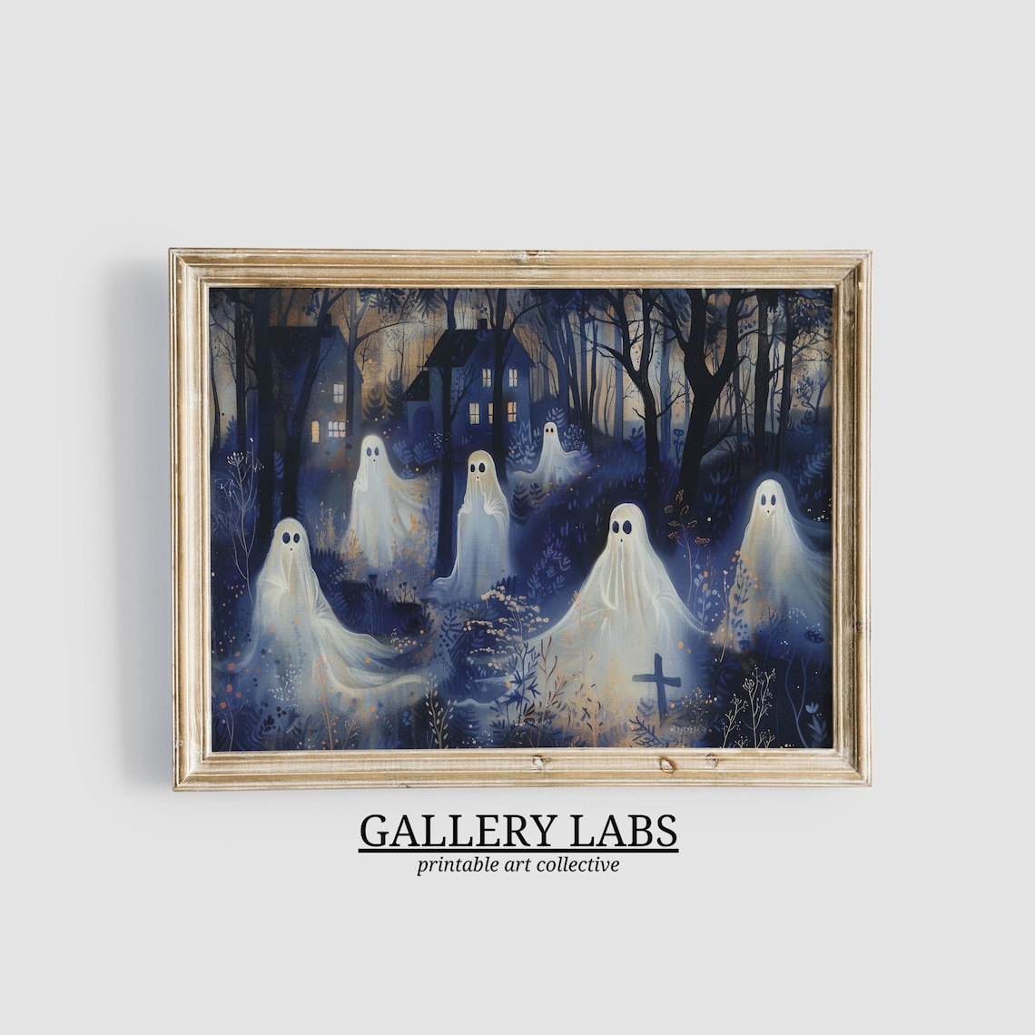 Ghosts Gathering in Dark Night Forest Haunted House Halloween Wall Art Print
