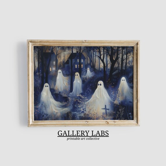 Ghosts Gathering in Dark Night Forest Haunted House Halloween Wall Art Print
