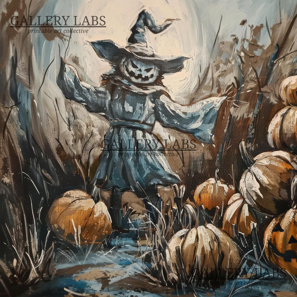 Scarecrow with Pumpkin Head in Cornfield Vintage Halloween Wall Art Print - Image 4