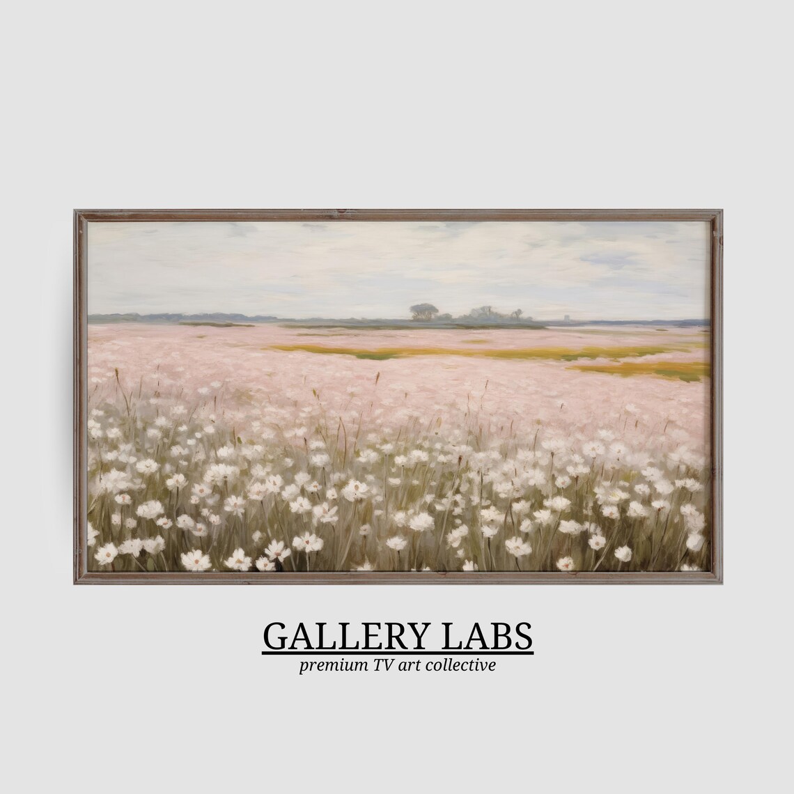 White Daisy Field Stretching Into Blush Pink Distance Gentle Panoramic Painting Poster - Image 3