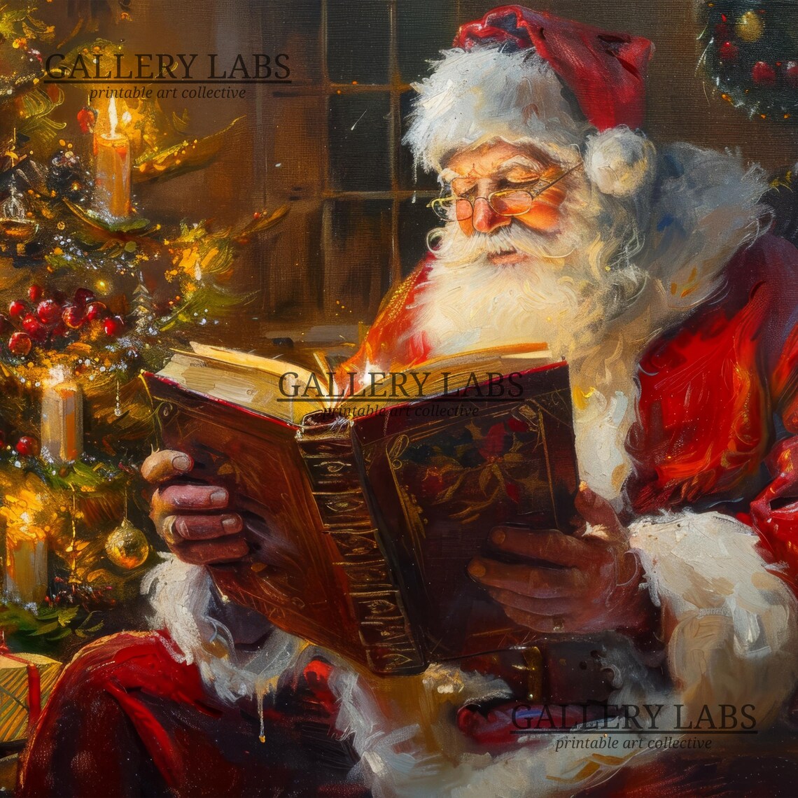 Santa Claus Reading by Christmas Tree Candlelight Vintage Art Poster - Image 4