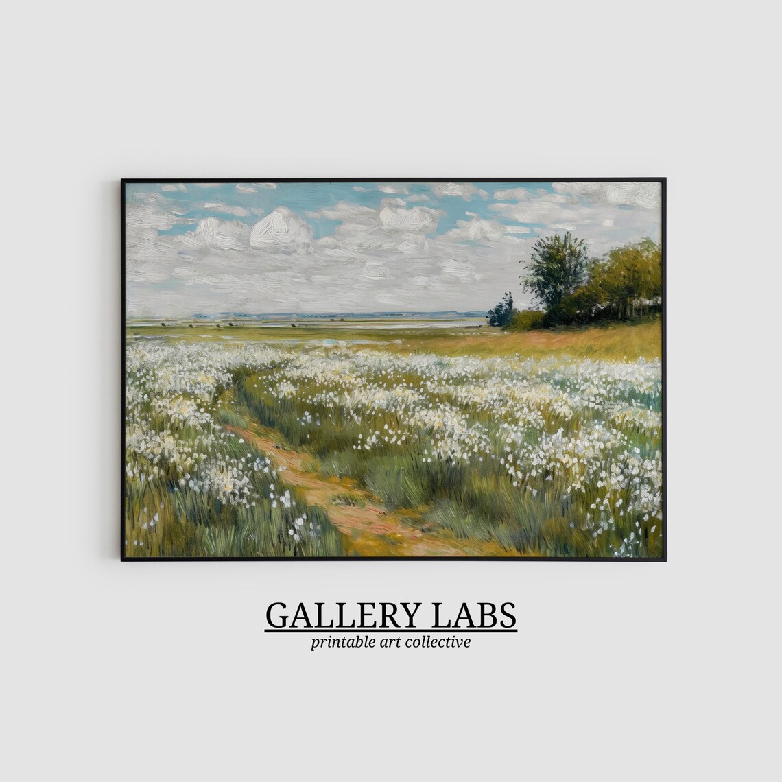 White Wildflower Meadow Winding Path Vintage Landscape Art Print - Image 2