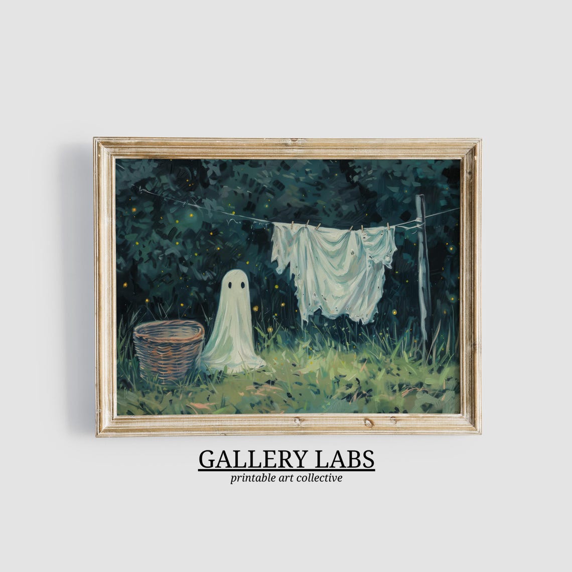 Cute Ghost Hanging Laundry Night Fireflies Spooky Halloween Art Poster