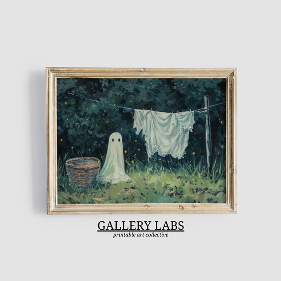 Cute Ghost Hanging Laundry Night Fireflies Spooky Halloween Art Poster