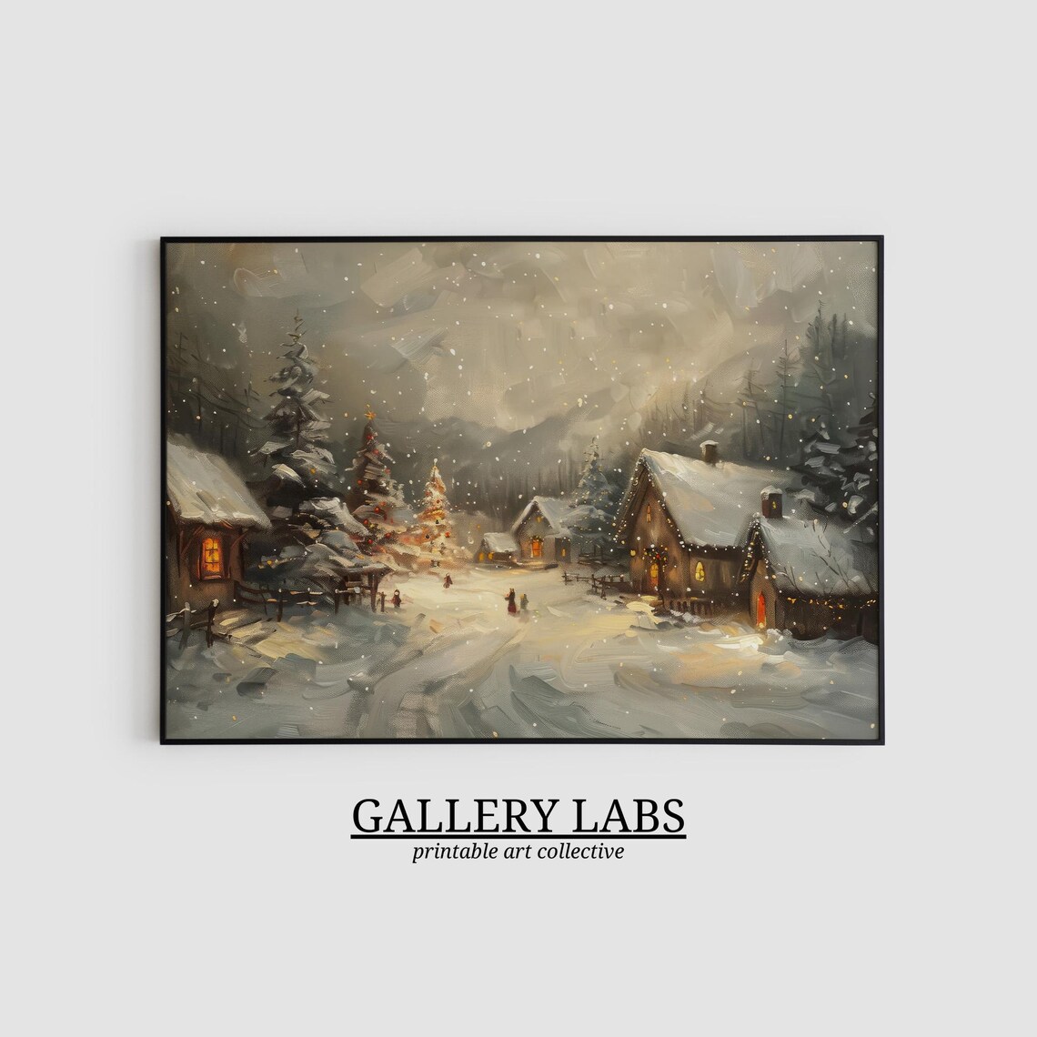 Snowy Village Glowing Cabins Falling Snow Winter Night Painting Poster - Image 2