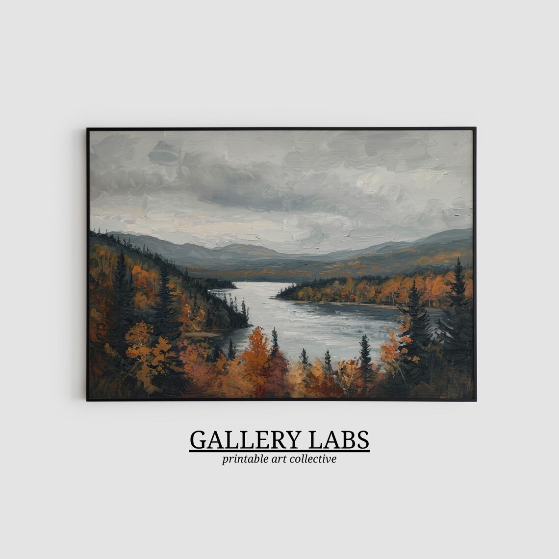 Autumn Lake Vista With Fiery Orange Forest and Brooding Gray Sky Oil Painting Print - Image 2