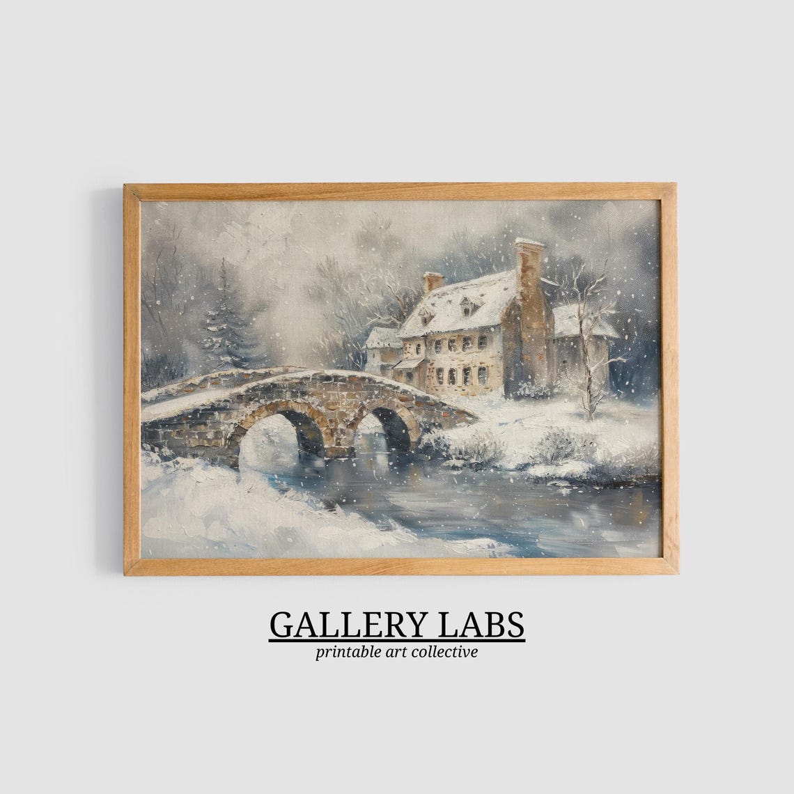 Snowy Stone Bridge River Winter Village Storm Rustic Travel Poster - Image 3