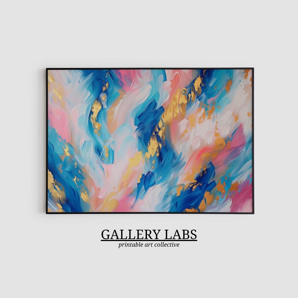 Blue Gold Pink Abstract Brushstroke Modern Colorful Painting Wall Art - Image 2
