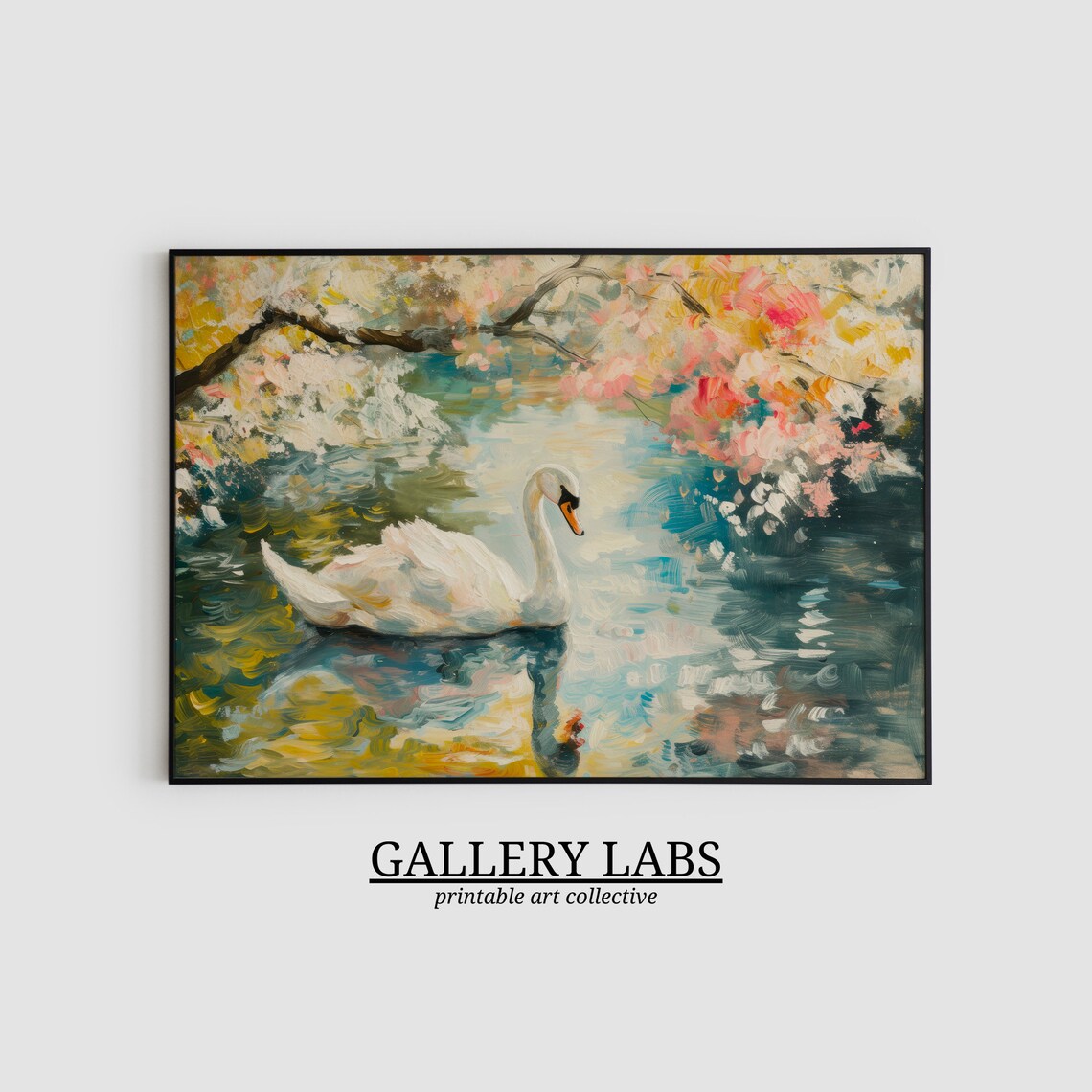 White Swan on Blossom Pond Painting Floral Lake Water Art Print - Image 2