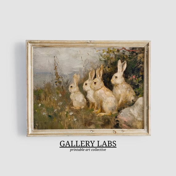 Vintage Rabbit Painting Art Print, Farmhouse Nursery Decor
