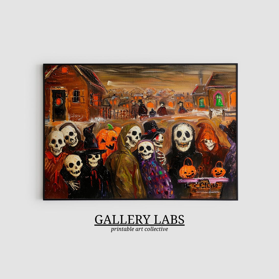 Halloween Skeleton Gathering Folk Art Spooky Trick Or Treat Poster - Image 2