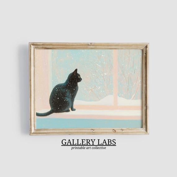 Girly Black Cat Painting Xmas Decor Pink Festive Print Cute Seasonal Decor Pink Christmas Print Wall Art