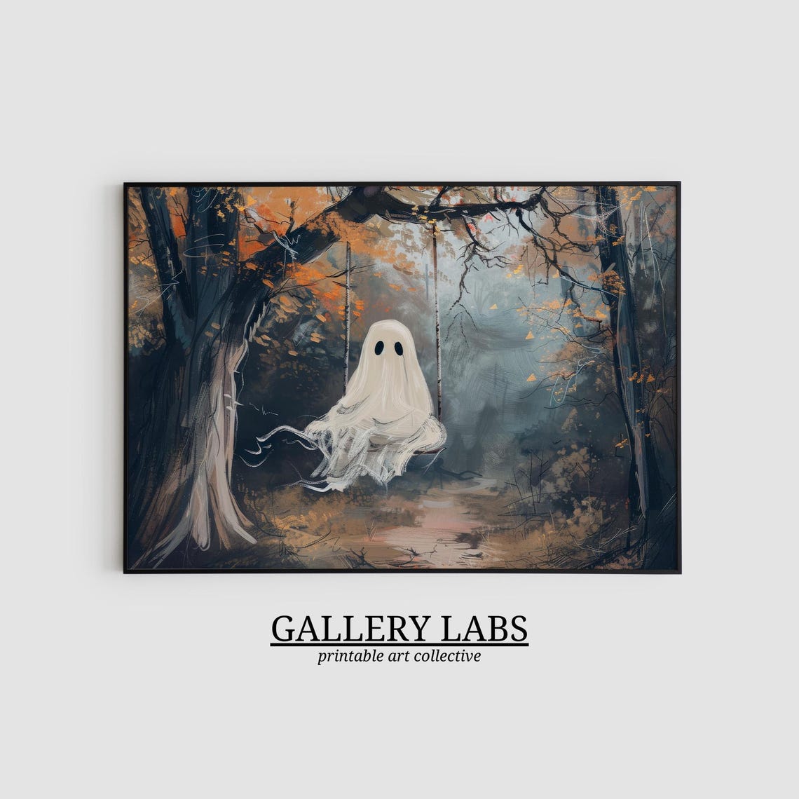 Cute Ghost on Swing in Autumn Forest Misty Halloween Wall Art Print - Image 2