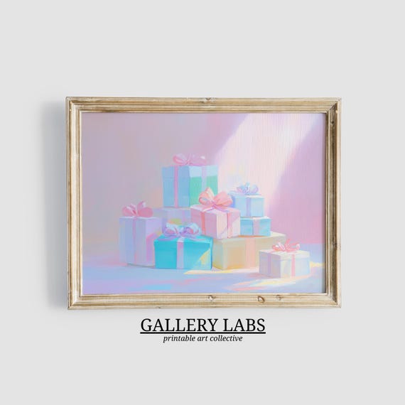 Pink Christmas Present Print Seasonal Painting Girly Festive Still Life Xmas Decor Cute Christmas Print