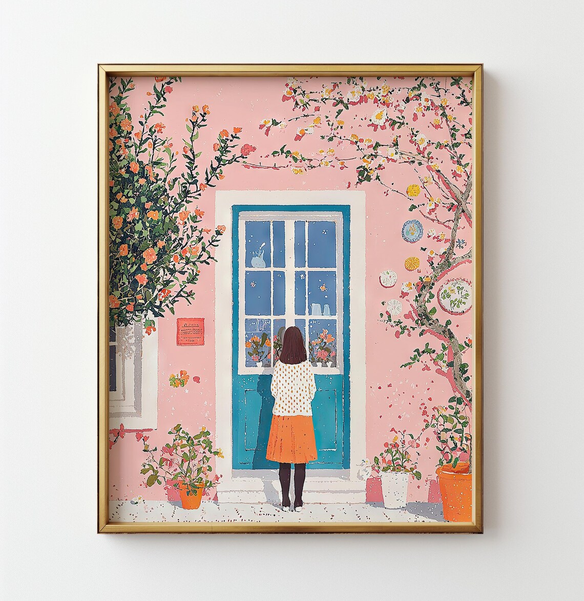 Pink House with Girl at Blue Door Floral Illustration Poster - Image 2