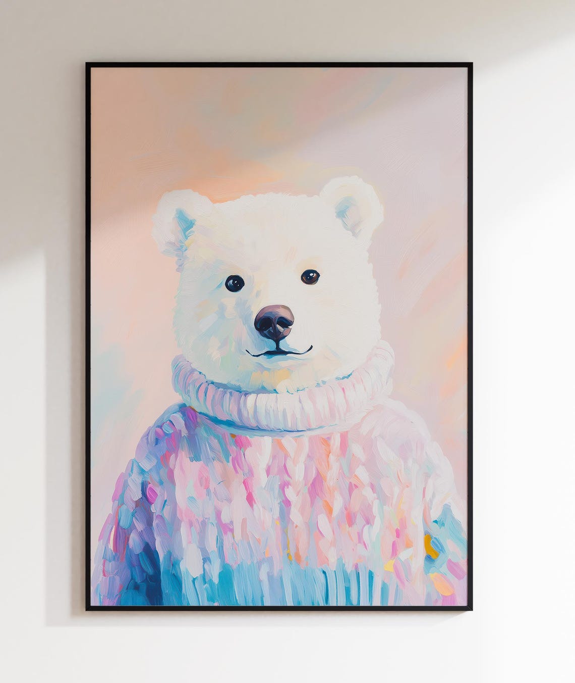 Pastel Polar Bear Cub in Colorful Knit Sweater Nursery Poster - Image 2