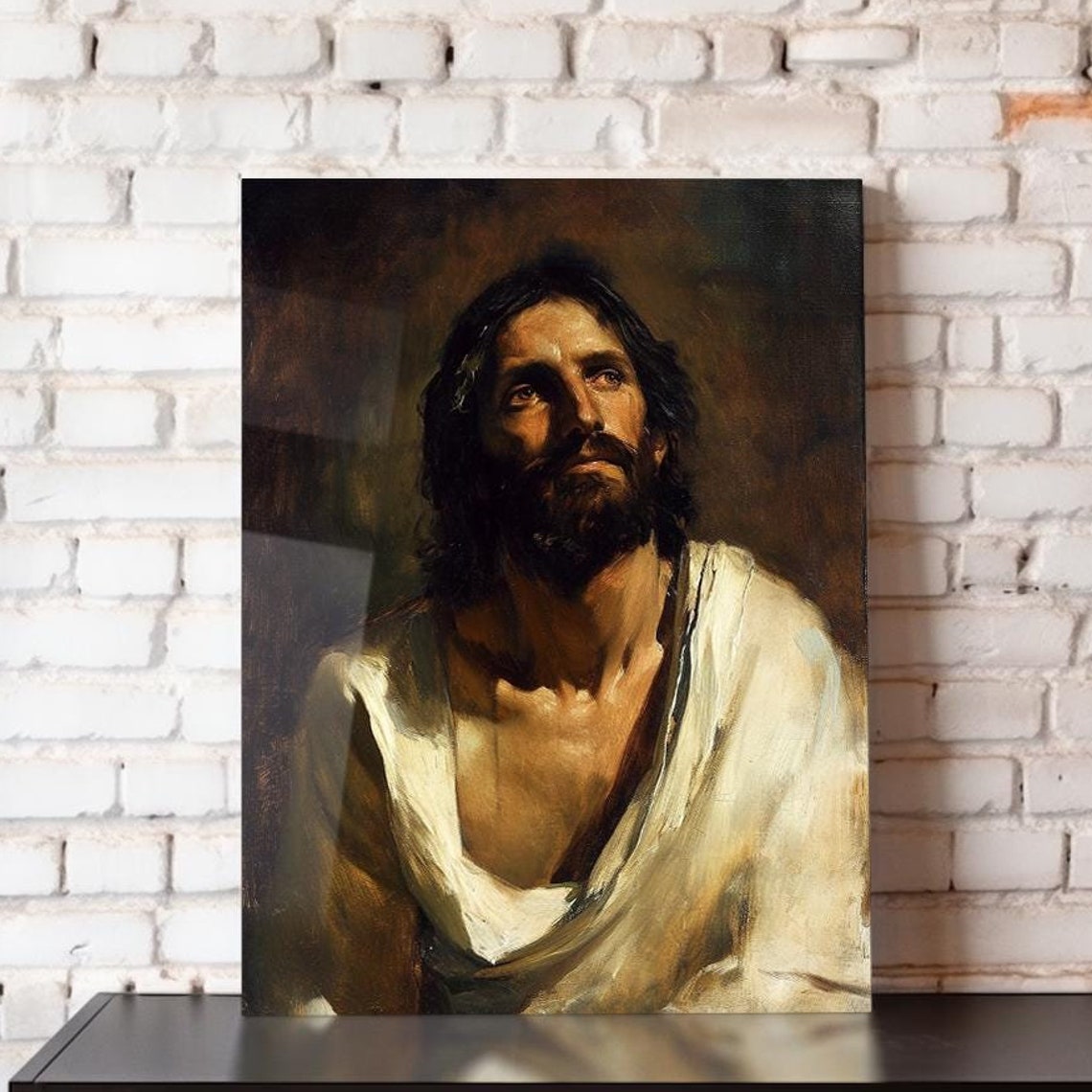 Jesus Christ Looking Up White Robe Dramatic Light Religious Art Poster