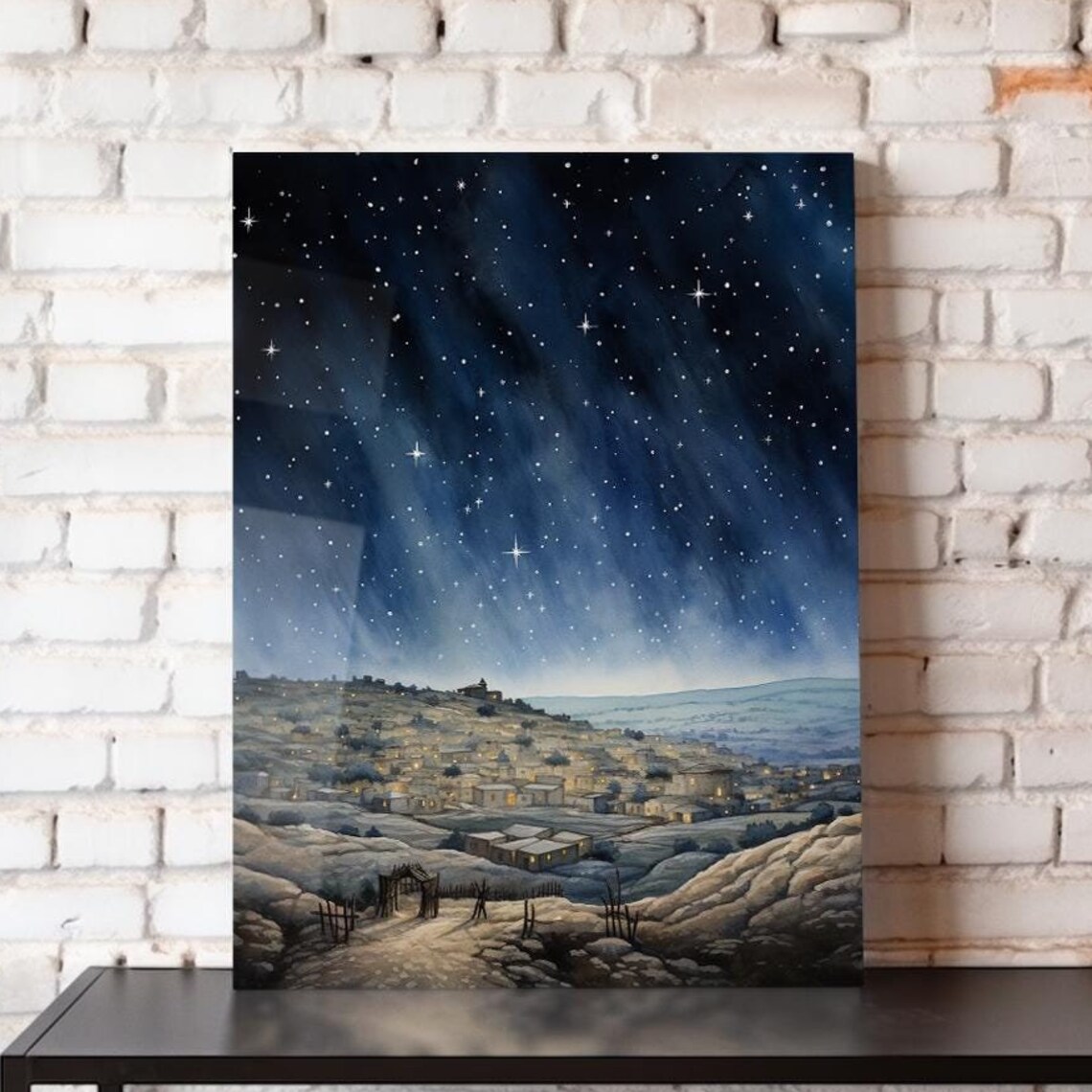 Bethlehem Town Under Starry Night Sky Watercolor Nativity Scene Poster
