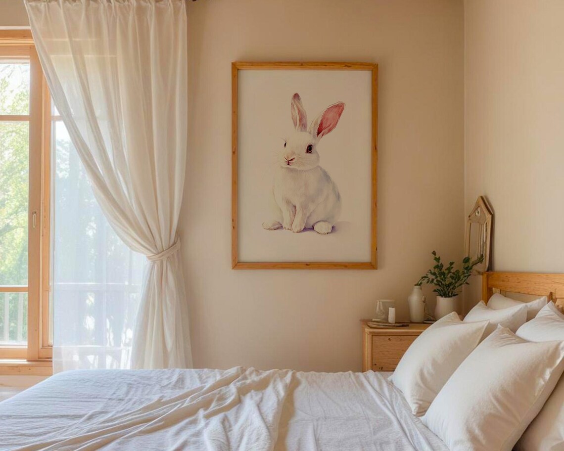 Adorable White Rabbit Art Print, Kitchen Decor