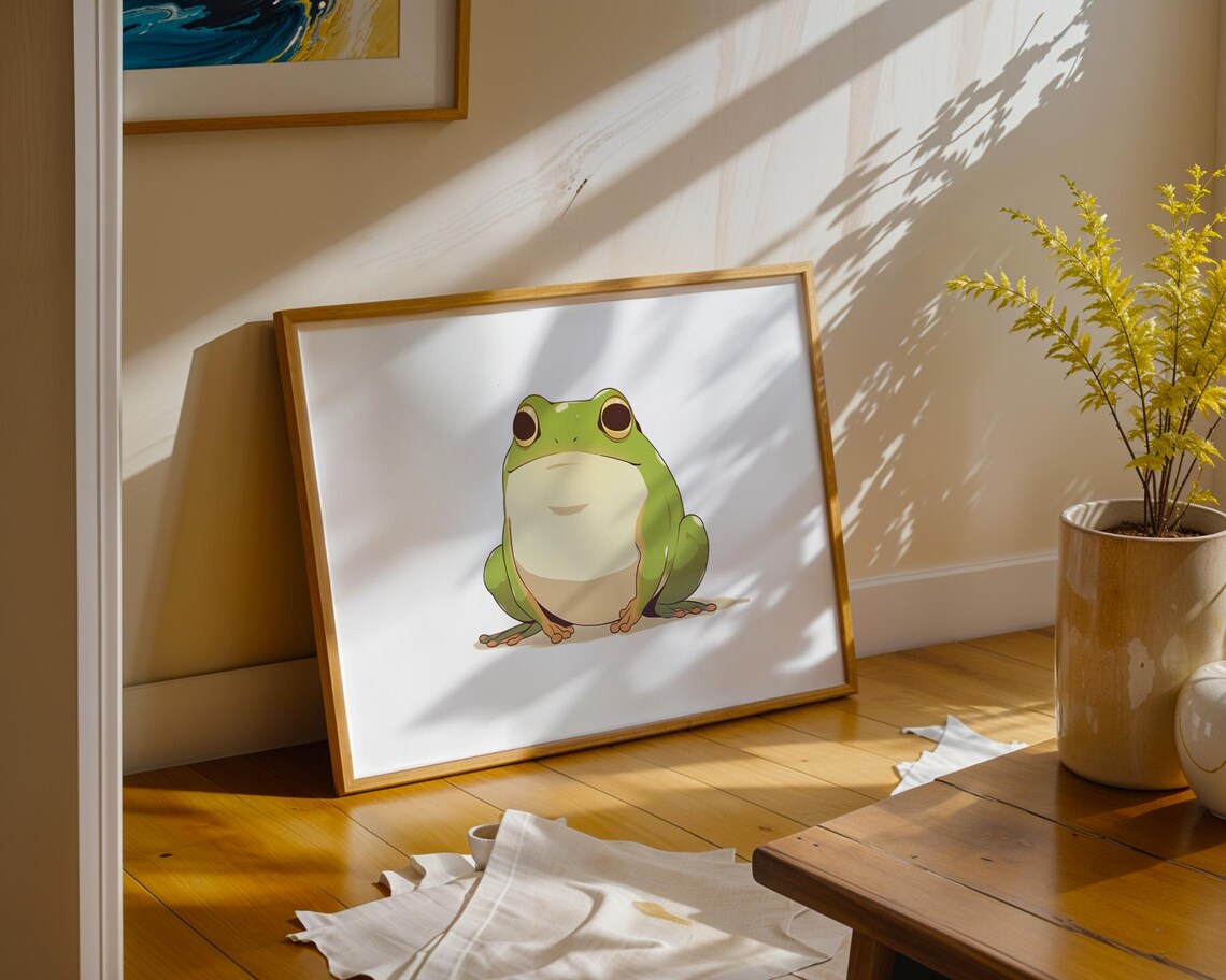 Chubby Green Cartoon Frog Cute Kawaii Nursery Illustration Poster