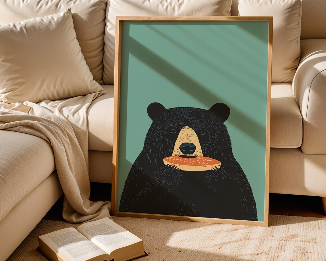 Adorable Black Bear Eating Pie Slice Minimalist Teal Kitchen Poster - Image 5