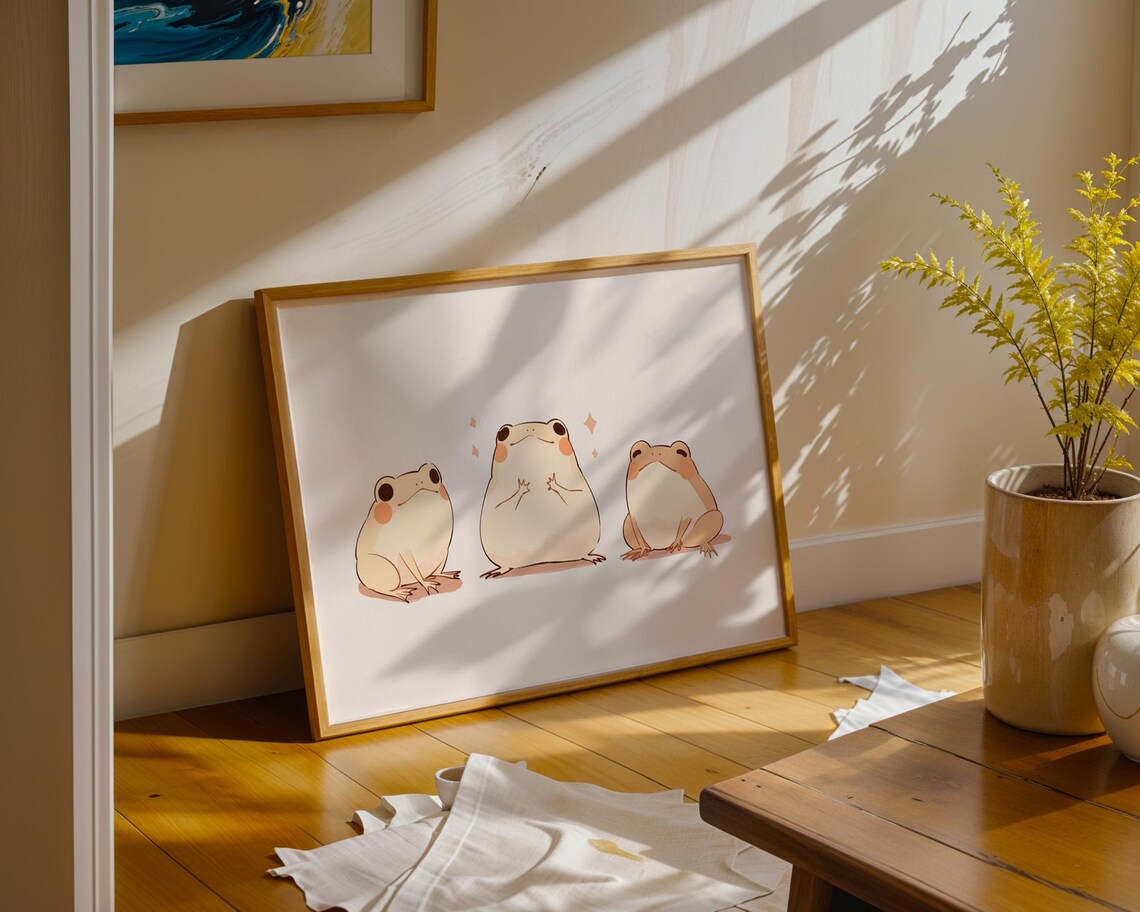 Three Cute Kawaii Frogs Smiling Side by Side Nursery Wall Poster