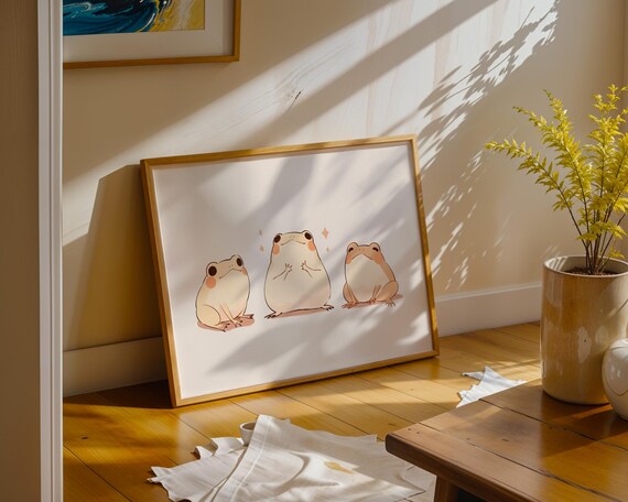 Three Cute Kawaii Frogs Smiling Side by Side Nursery Wall Poster