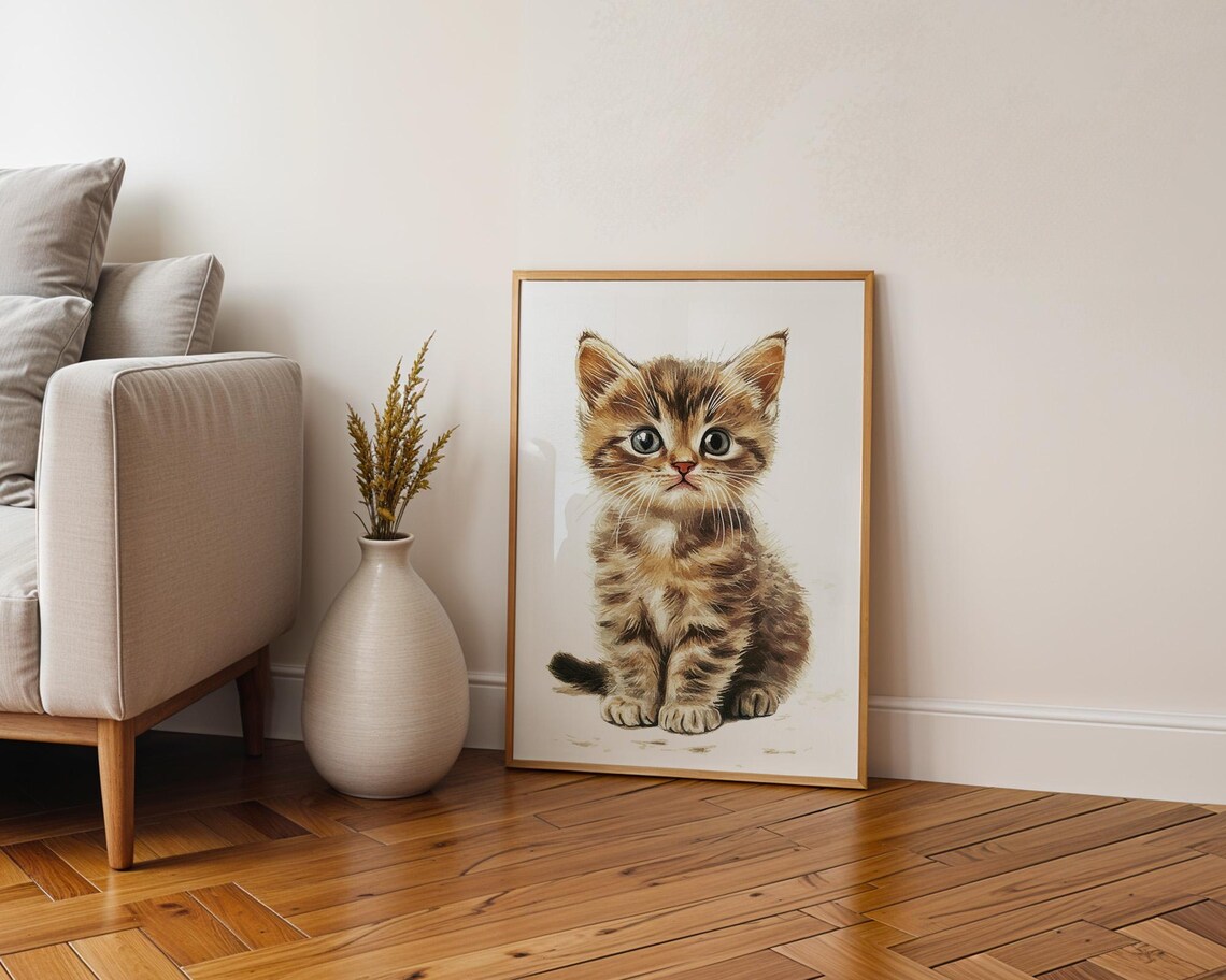 Adorable Tabby Kitten Sitting Cat Lovers Nursery Decor Poster