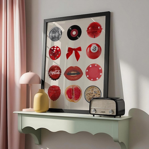 Red Pop Culture Collage Disco Lips Vinyl Dice Retro Wall Art